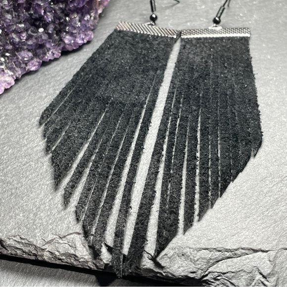 Artisan Jewelry - Genuine Leather Fringe 
Black Hand Crafted Earrings